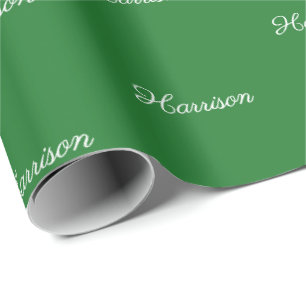 Papier Cadeau Elégant vert blanc script nom personnalisé mignon
