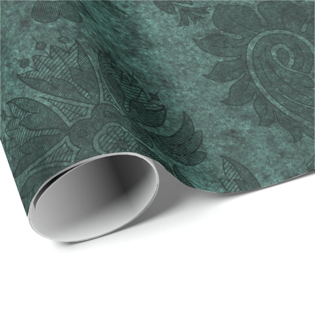Papier Cadeau Élégant vert damassé motif floral (Coin rond)