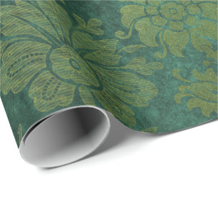 Papier Cadeau Élégant vert damassé motif floral