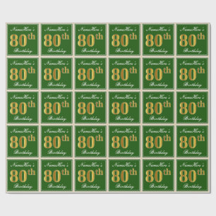 Papier Cadeau Elégant, vert, Faux Gold 80e anniversaire + Nom