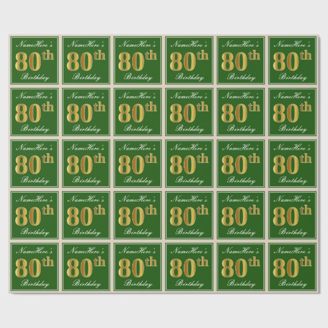 Papier Cadeau Elégant, vert, Faux Gold 80e anniversaire + Nom (Plat)