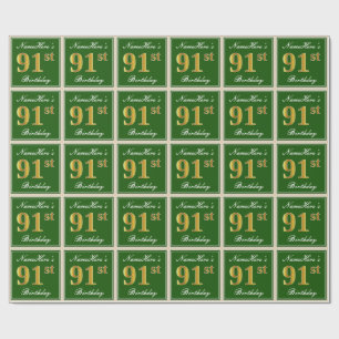 Papier Cadeau Elégant, Vert, Faux Gold 91ème Anniversaire + Nom