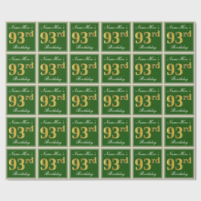 Papier Cadeau Elégant, Vert, Faux Gold 93ème anniversaire + Nom (Plat)