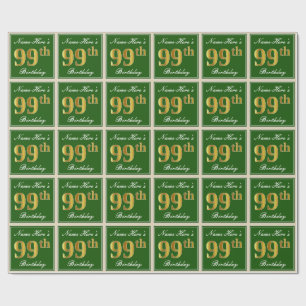 Papier Cadeau Elégant, Vert, Faux Gold 99e anniversaire + Nom