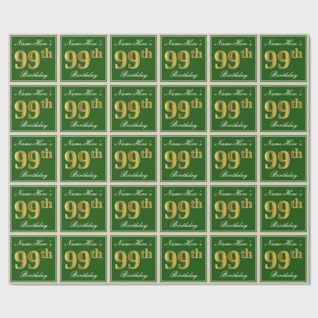 Papier Cadeau Elégant, Vert, Faux Gold 99e anniversaire + Nom (Plat)