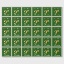 Papier Cadeau Elégant, Vert, Faux Gold 9e anniversaire + Nom
