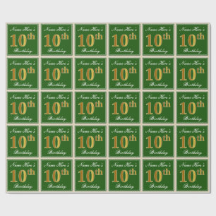 Papier Cadeau Elégant, Vert, Faux Or 10ème anniversaire + Nom