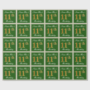 Papier Cadeau Elégant, Vert, Faux Or 11ème Anniversaire + Nom