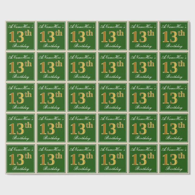 Papier Cadeau Elégant, Vert, Faux Or 13ème anniversaire + Nom (Plat)