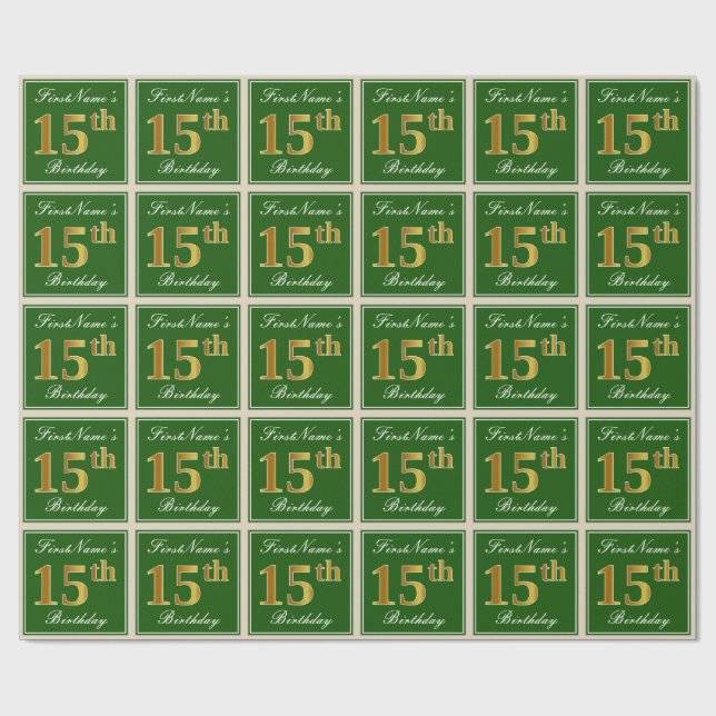 Papier Cadeau Elégant, Vert, Faux Or 15ème anniversaire + Nom (Plat)