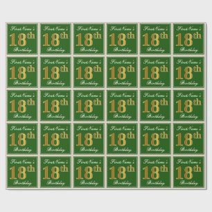 Papier Cadeau Elégant, Vert, Faux Or 18ème anniversaire + Nom
