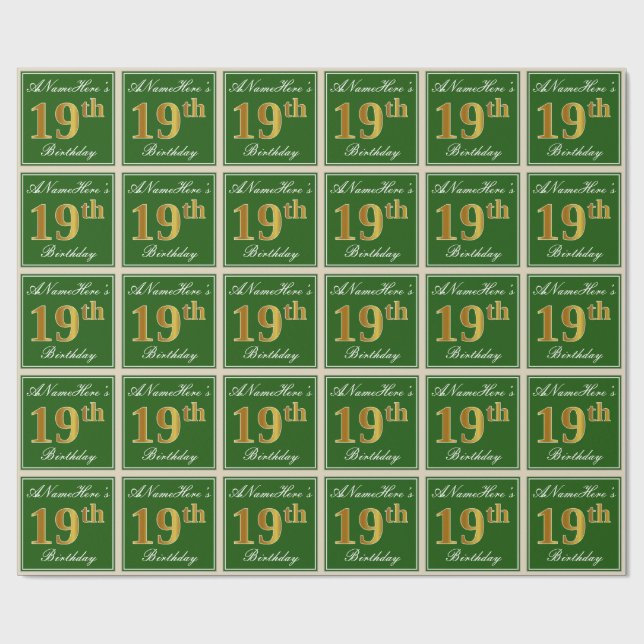 Papier Cadeau Elégant, Vert, Faux Or 19ème Anniversaire + Nom (Plat)