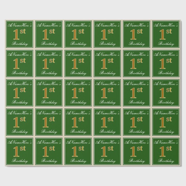 Papier Cadeau Elégant, Vert, Faux Or 1er Anniversaire + Nom (Plat)