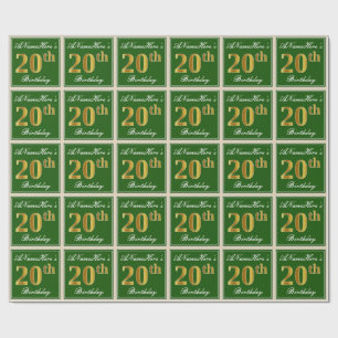 Papier Cadeau Elégant, Vert, Faux Or 20ème Anniversaire + Nom