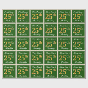 Papier Cadeau Elégant, Vert, Faux Or 25ème Anniversaire + Nom