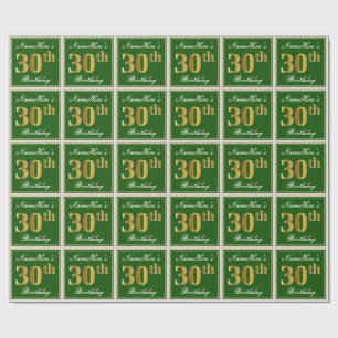 Papier Cadeau Elégant, Vert, Faux Or 30ème Anniversaire + Nom