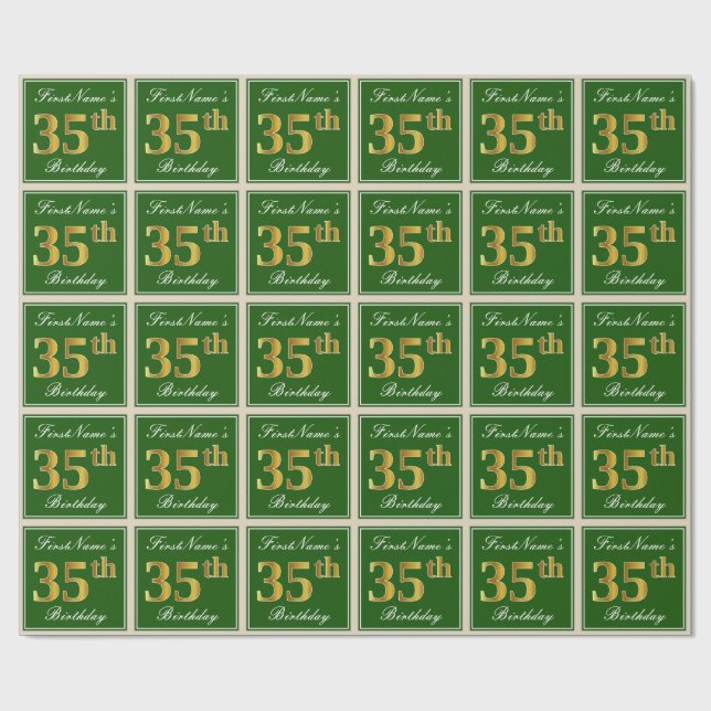 Papier Cadeau Elégant, Vert, Faux Or 35ème anniversaire + Nom (Plat)