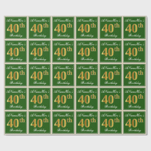 Papier Cadeau Elégant, Vert, Faux Or 40ème Anniversaire + Nom