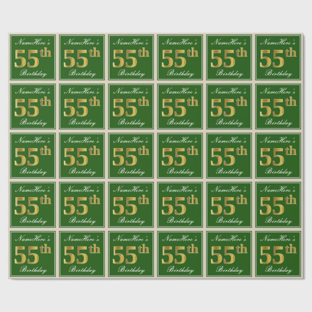 Papier Cadeau Elégant, Vert, Faux Or 55ème anniversaire + Nom (Plat)