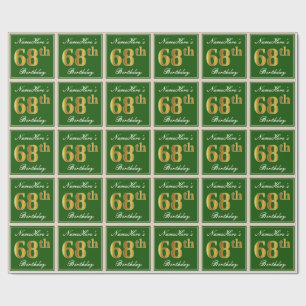 Papier Cadeau Elégant, Vert, Faux Or 68ème anniversaire + Nom