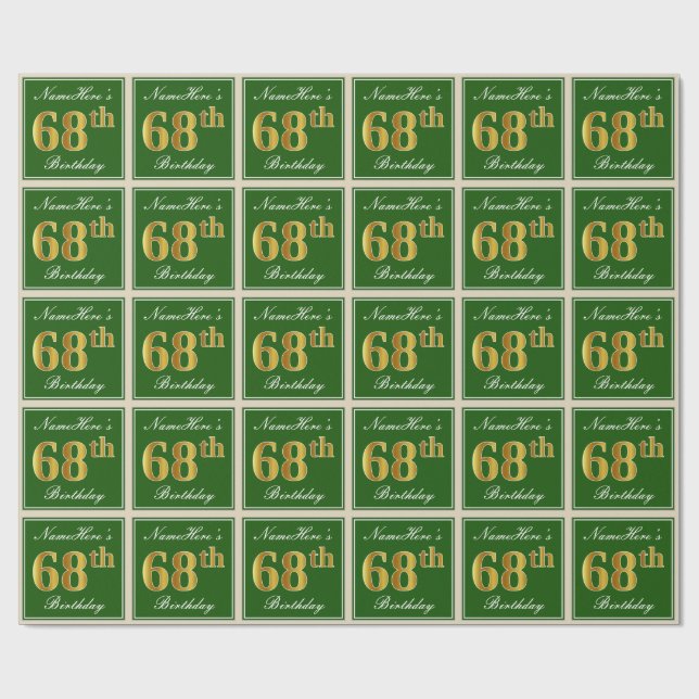 Papier Cadeau Elégant, Vert, Faux Or 68ème anniversaire + Nom (Plat)