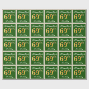 Papier Cadeau Elégant, Vert, Faux Or 69ème Anniversaire + Nom