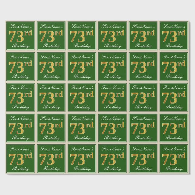 Papier Cadeau Elégant, Vert, Faux Or 73ème anniversaire + Nom (Plat)