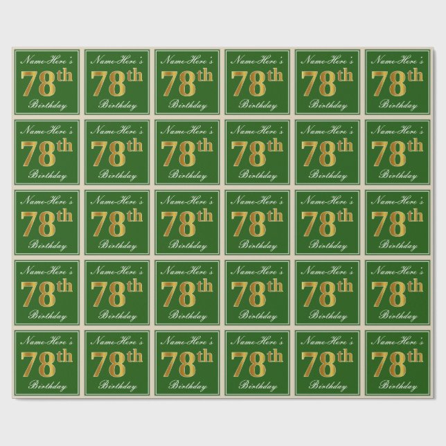 Papier Cadeau Elégant, Vert, Faux Or 78ème anniversaire + Nom (Plat)