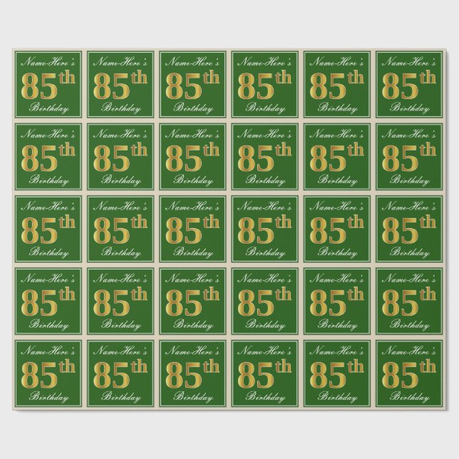 Papier Cadeau Elégant, Vert, Faux Or 85ème Anniversaire + Nom (Plat)
