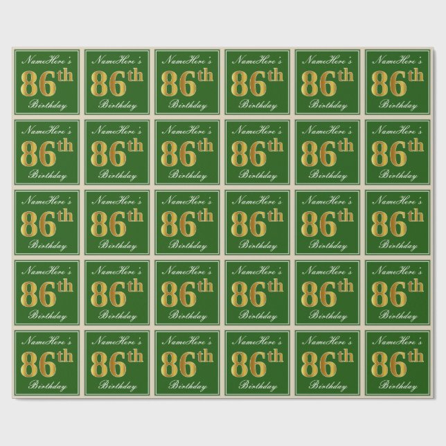 Papier Cadeau Elégant, Vert, Faux Or 86ème Anniversaire + Nom (Plat)