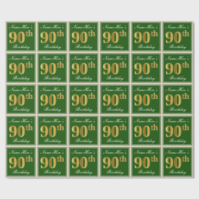 Papier Cadeau Elégant, Vert, Faux Or 90ème Anniversaire + Nom (Plat)