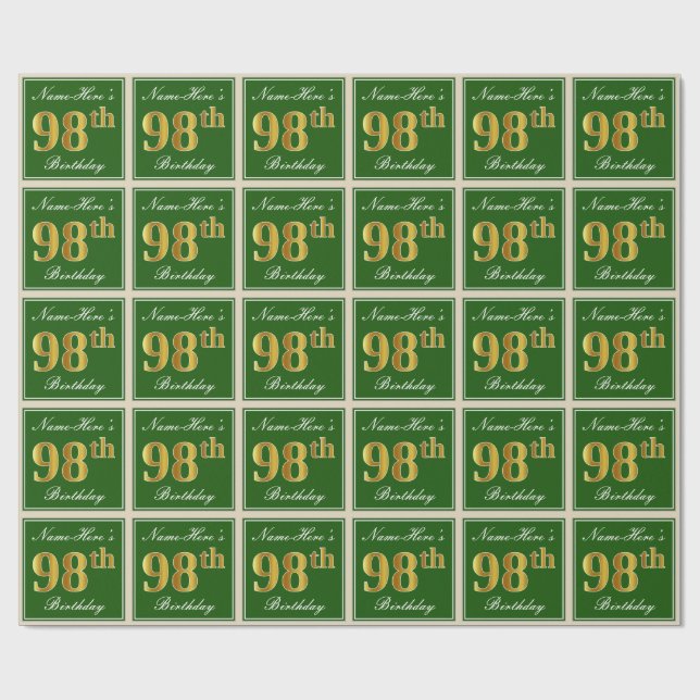 Papier Cadeau Elégant, Vert, Faux Or 98ème Anniversaire + Nom (Plat)