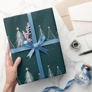 Papier Cadeau Élégant Vert foncé Blanc Noël Arbres Motif
