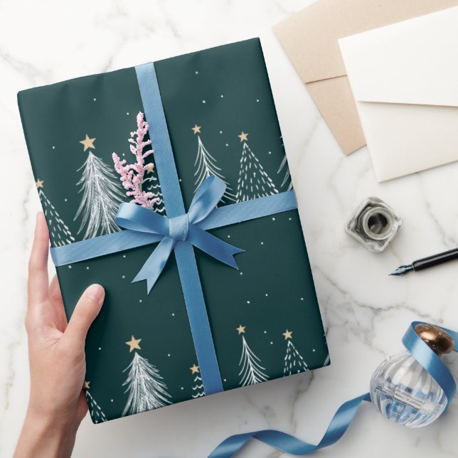 Papier Cadeau Élégant Vert foncé Blanc Noël Arbres Motif (Cadeaux)