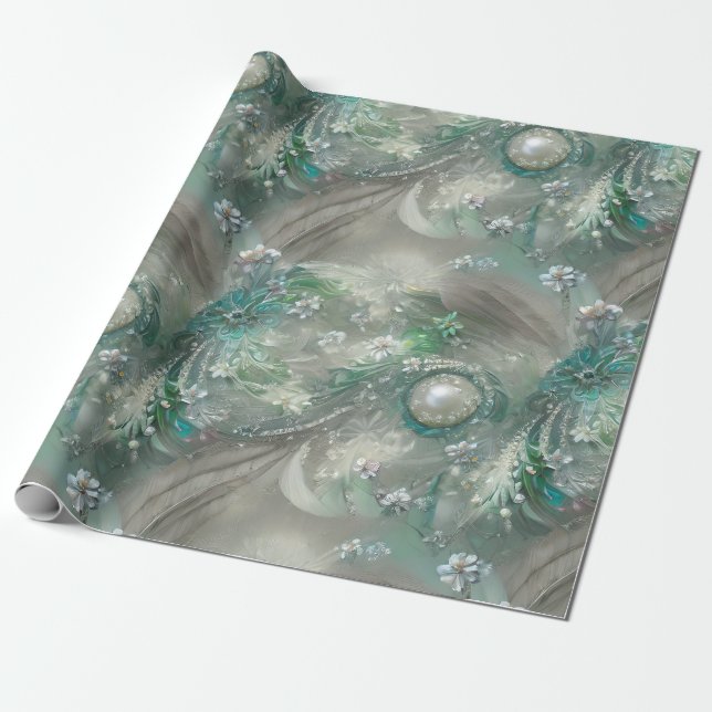 Papier Cadeau Élégant Vert, Gris et Blanc Floral & Bejeweled (Déroulé)