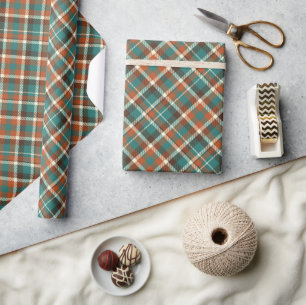 Papier Cadeau Élégant Vert Orange Vintage Plaid