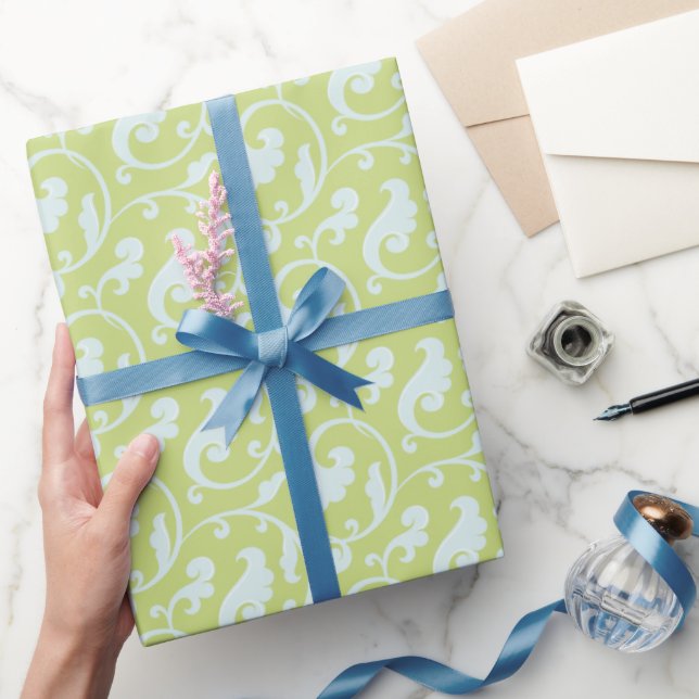 Papier Cadeau Élégant vert rétro et rose menthe tourbillons moti (Cadeaux)