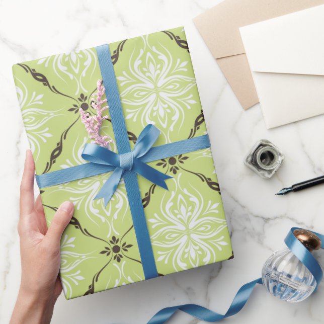 Papier Cadeau Elégant vert turquoise brun damassé motif (Cadeaux)