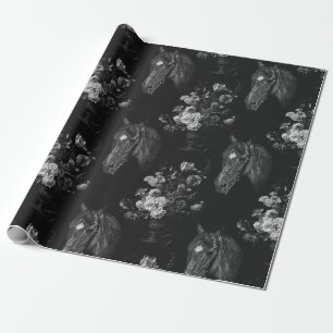 Papier Cadeau Élégant Vintage Cheval Floral Noir Sombre