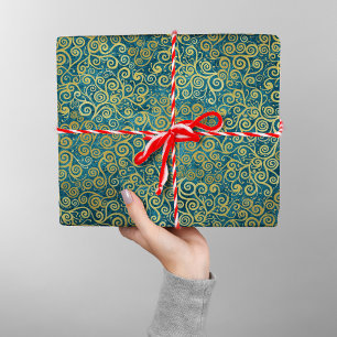 Papier Cadeau Elégant Vintage Motif de l'or Boho Dusty Bleu