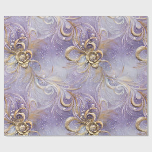 Papier Cadeau Élégant violet et doré torréfié plumes perlé