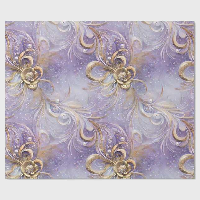 Papier Cadeau Élégant violet et doré torréfié plumes perlé (Plat)