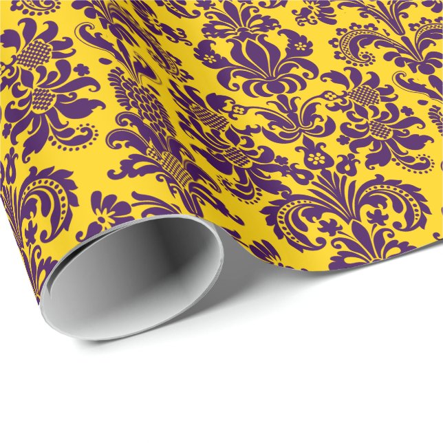 Papier Cadeau Élégant violet floral Damas Arrière - plan jaune (Coin rond)