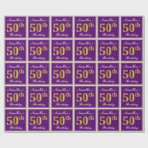 Papier Cadeau Élégant, Violet, Or Faux 50e Anniversaire + Nom