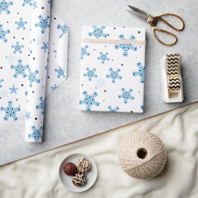 Papier Cadeau Elegant White & Dark Blue Snowflake Wrapping Paper (Artisanat)