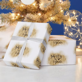 Papier Cadeau Elegant White Gold Happy New Year calligraphy