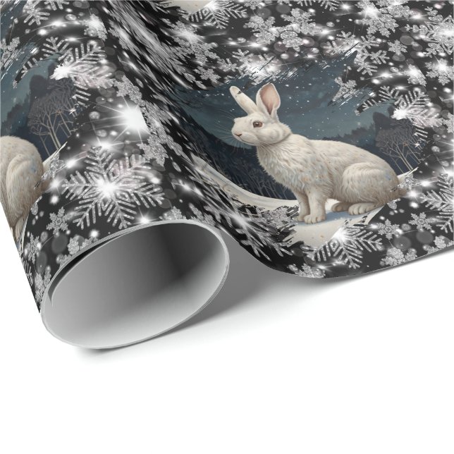 Papier Cadeau Elegant white rabbit Christmas snowflakes (Coin rond)