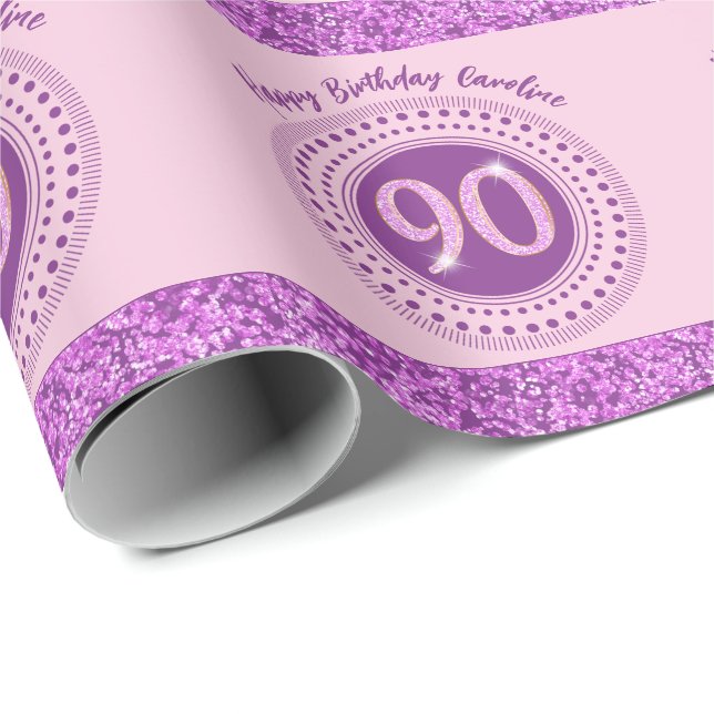 Papier Cadeau Elégante 90e anniversaire Parties scintillant rose (Coin rond)