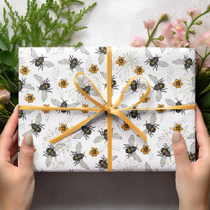 Papier Cadeau Élégante abeille au miel, marguerites à la crème e