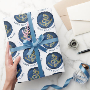 Papier Cadeau Elégante Ancre aquarelle Nom nautique Marine Bleu